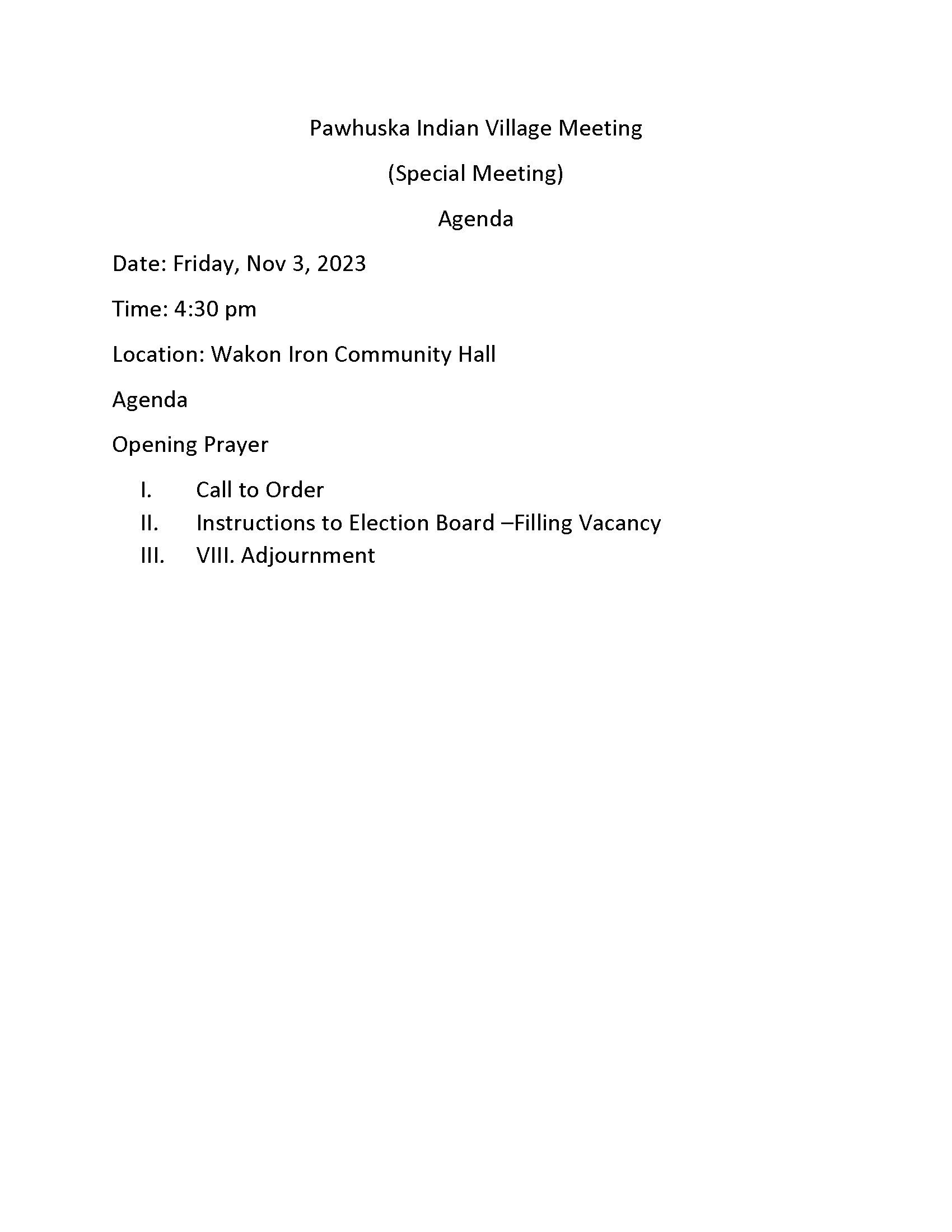 Pawhuska Indian Village Meeting (Special Meeting) Agenda Osage Nation